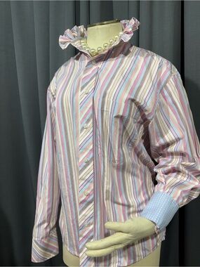 Ted Baker London Pink Multi-Stripe Ruffled Collar Button Down Shirt